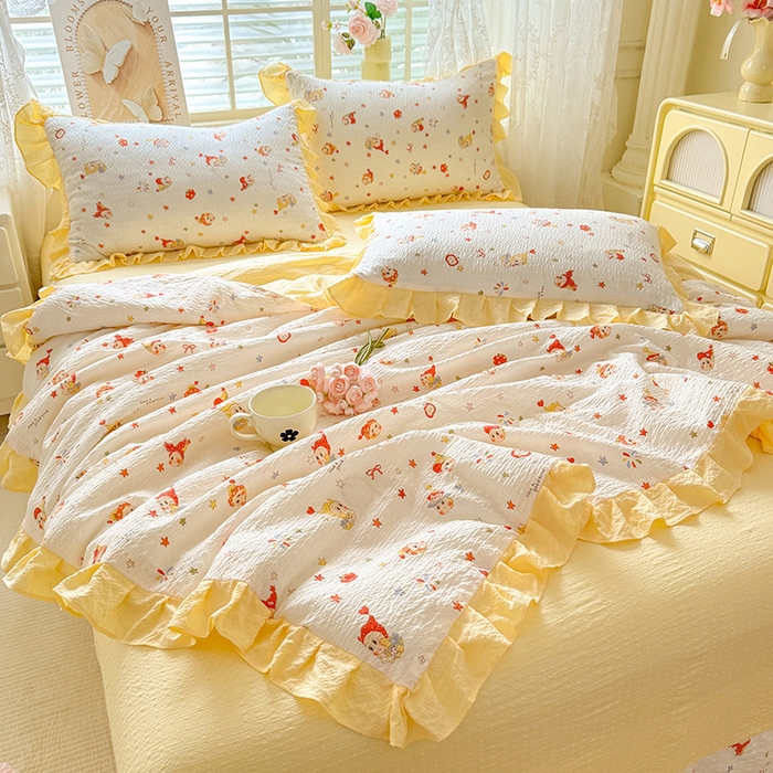 91家纺网 家纺一手货源 找家纺 韩约家纺 2026春夏新款韩式花边泡芙棉床单款夏被夏凉被空调被四件套 星星人