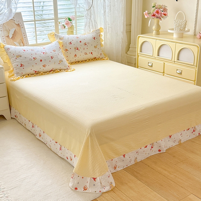 91家纺网 家纺一手货源 找家纺 韩约家纺 2026春夏新款韩式花边泡芙棉床单款夏被夏凉被空调被四件套 星星人