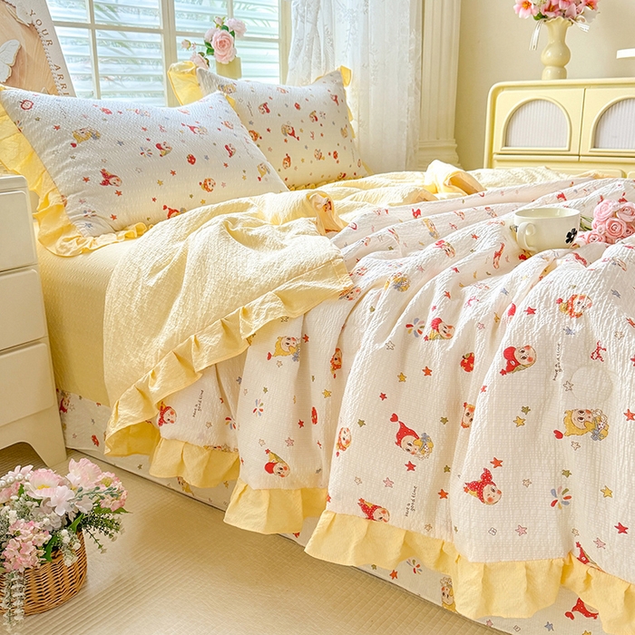 91家纺网 家纺一手货源 找家纺 韩约家纺 2026春夏新款韩式花边泡芙棉床单款夏被夏凉被空调被四件套 星星人