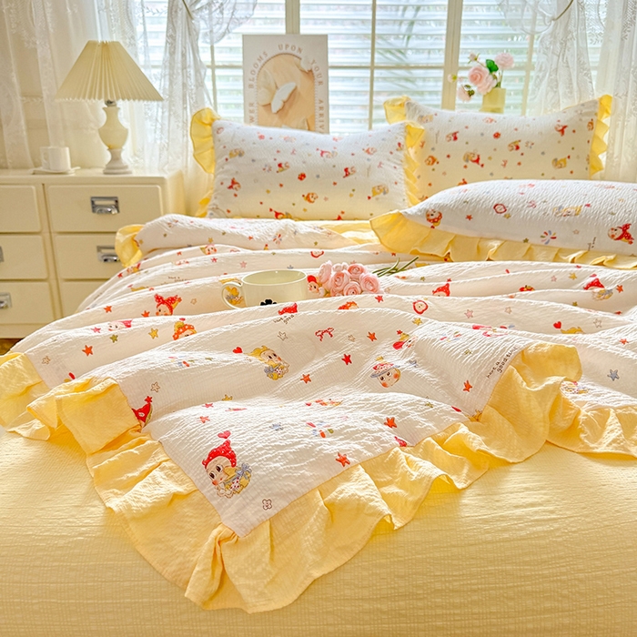 91家纺网 家纺一手货源 找家纺 韩约家纺 2026春夏新款韩式花边泡芙棉床单款夏被夏凉被空调被四件套 星星人