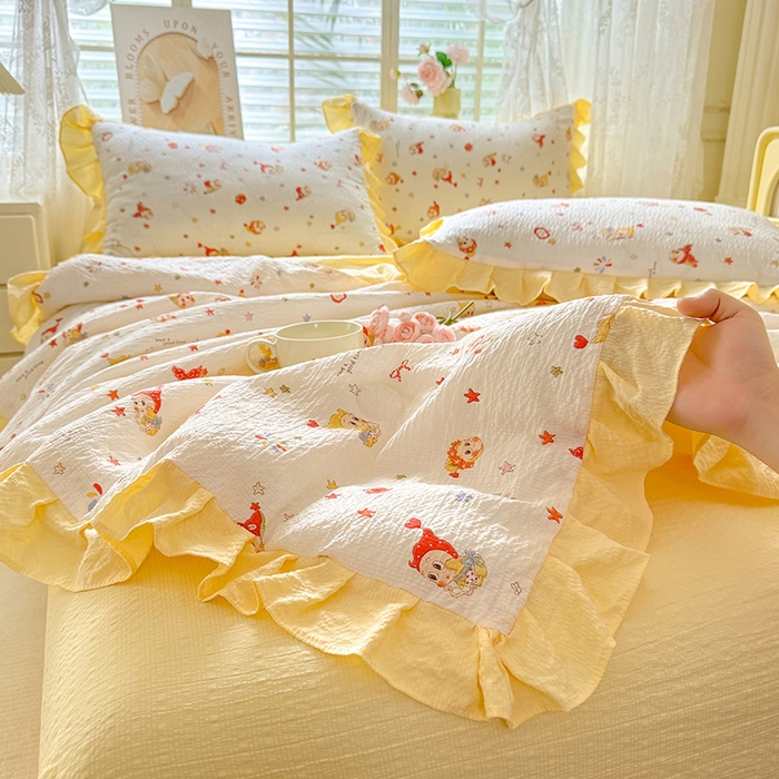 91家纺网 家纺一手货源 找家纺 韩约家纺 2026春夏新款韩式花边泡芙棉床单款夏被夏凉被空调被四件套 星星人