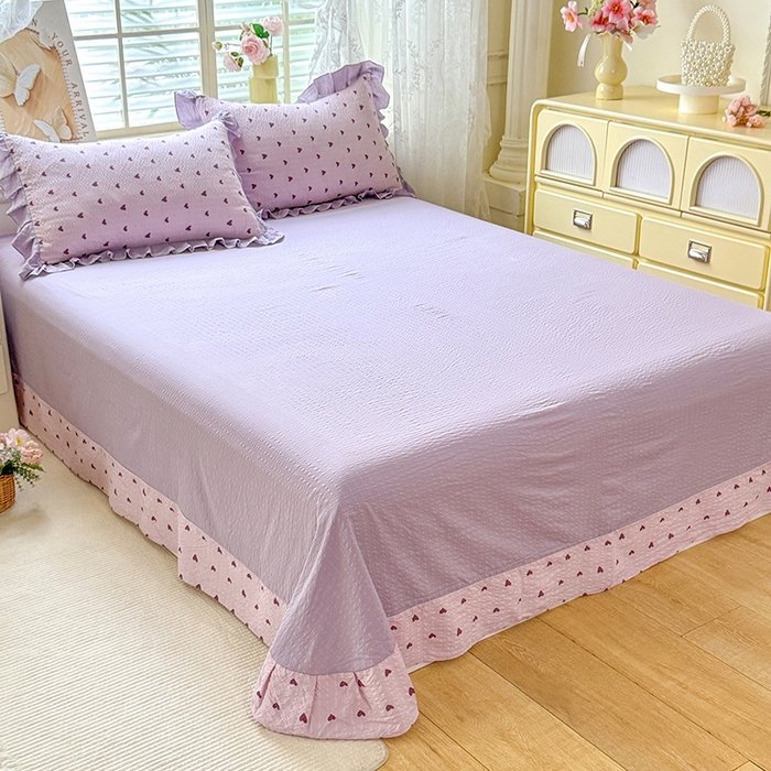 91家纺网 家纺一手货源 找家纺 韩约家纺 2026春夏新款韩式花边泡芙棉床单款夏被夏凉被空调被四件套 紫色心情