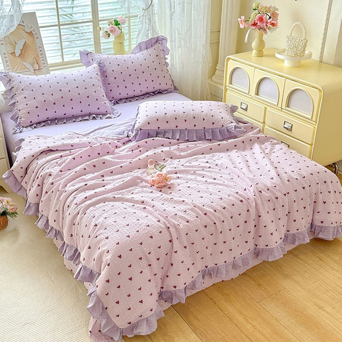 91家纺网 家纺一手货源 找家纺 韩约家纺 2026春夏新款韩式花边泡芙棉床单款夏被夏凉被空调被四件套 紫色心情