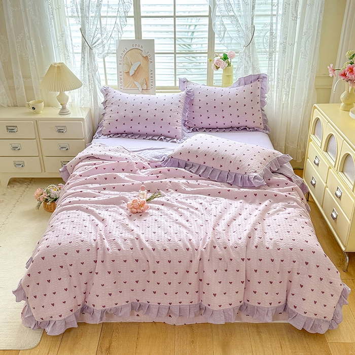 91家纺网 家纺一手货源 找家纺 韩约家纺 2026春夏新款韩式花边泡芙棉床单款夏被夏凉被空调被四件套 紫色心情