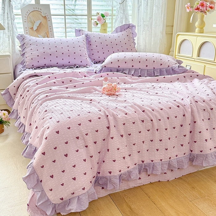 91家纺网 家纺一手货源 找家纺 韩约家纺 2026春夏新款韩式花边泡芙棉床单款夏被夏凉被空调被四件套 紫色心情