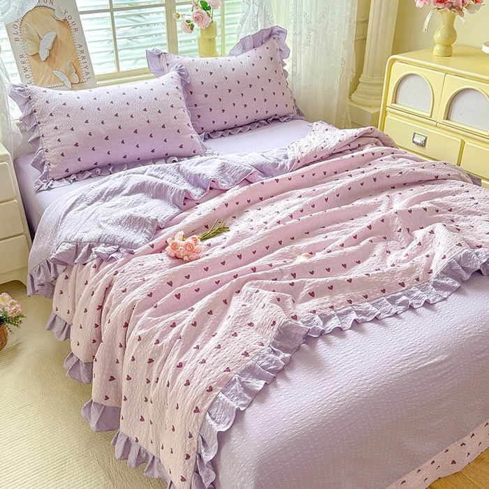 91家纺网 家纺一手货源 找家纺 韩约家纺 2026春夏新款韩式花边泡芙棉床单款夏被夏凉被空调被四件套 紫色心情