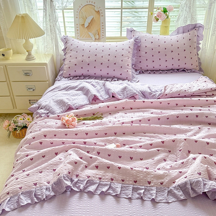 91家纺网 家纺一手货源 找家纺 韩约家纺 2026春夏新款韩式花边泡芙棉床单款夏被夏凉被空调被四件套 紫色心情