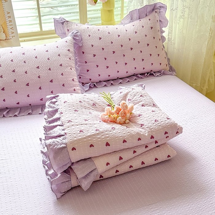 91家纺网 家纺一手货源 找家纺 韩约家纺 2026春夏新款韩式花边泡芙棉床单款夏被夏凉被空调被四件套 紫色心情