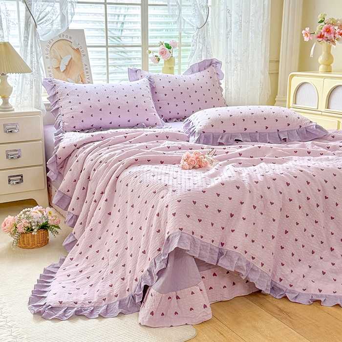 91家纺网 家纺一手货源 找家纺 韩约家纺 2026春夏新款韩式花边泡芙棉床单款夏被夏凉被空调被四件套 紫色心情