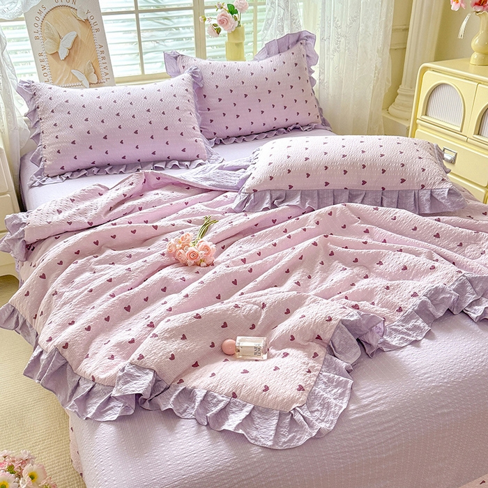 91家纺网 家纺一手货源 找家纺 韩约家纺 2026春夏新款韩式花边泡芙棉床单款夏被夏凉被空调被四件套 紫色心情