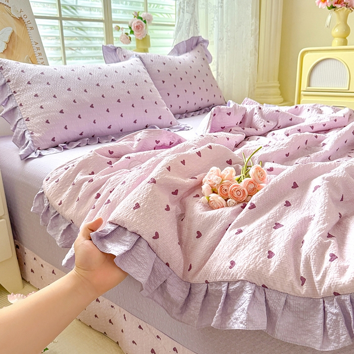 91家纺网 家纺一手货源 找家纺 韩约家纺 2026春夏新款韩式花边泡芙棉床单款夏被夏凉被空调被四件套 紫色心情