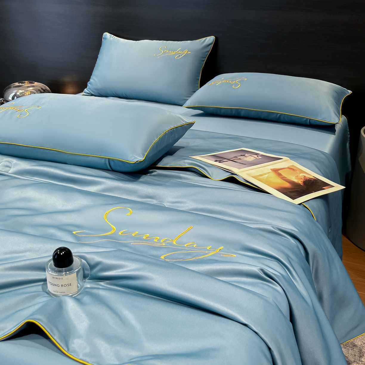 91家纺网 家纺一手货源 找家纺 云恋家纺 2026新款可水洗夏被冰丝空调被夏凉被床单三四件套夏季薄被子春秋被芯夏天 浪漫假日-宾利蓝