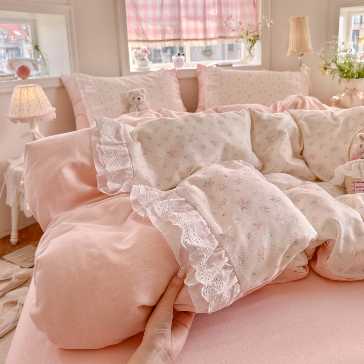 91家纺网 家纺一手货源 找家纺 （总）锦彩家居 2026新款A类全棉纯棉双层纱韩式花边款小清新四件套INS小红书博主风提供买家秀