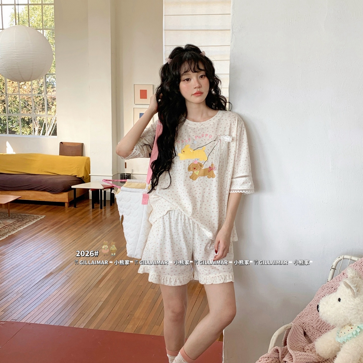 91家纺网 家纺一手货源 找家纺 妍景家居生活馆 2026新款莱赛尔冰丝棉小熊家-短裤散步吧家居服 短裤散步吧-浅黄