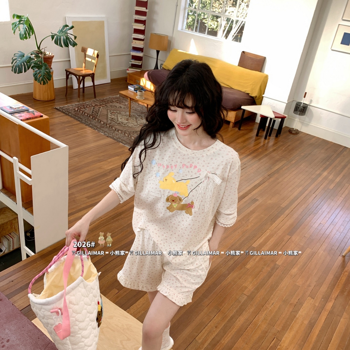 91家纺网 家纺一手货源 找家纺 妍景家居生活馆 2026新款莱赛尔冰丝棉小熊家-短裤散步吧家居服 短裤散步吧-浅黄