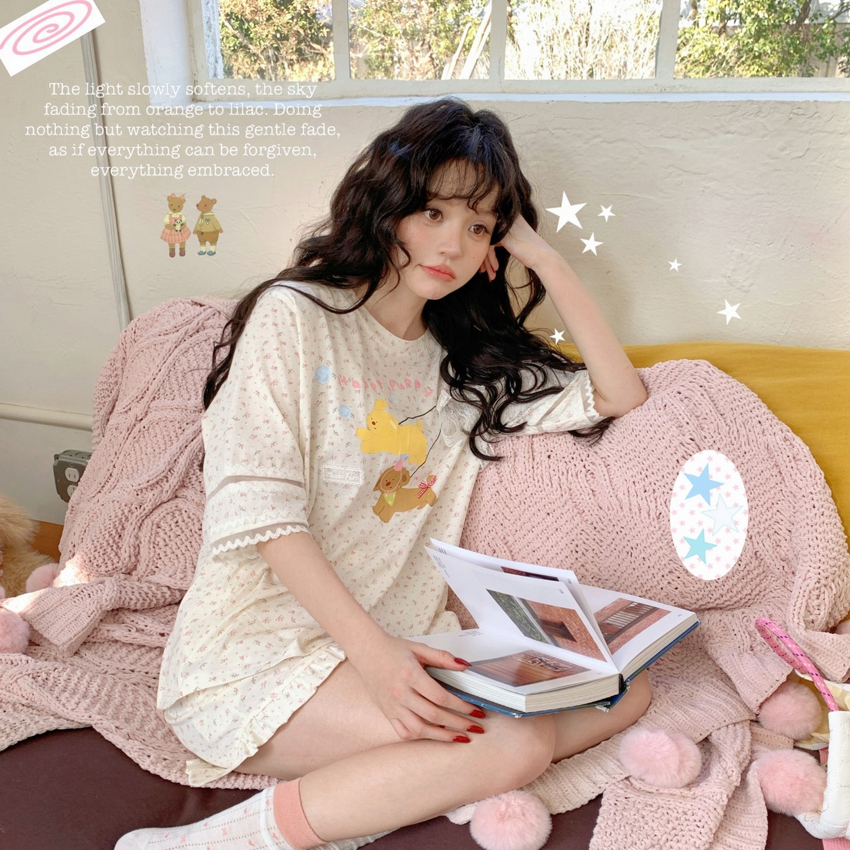 91家纺网 家纺一手货源 找家纺 妍景家居生活馆 2026新款莱赛尔冰丝棉小熊家-短裤散步吧家居服 短裤散步吧-浅黄