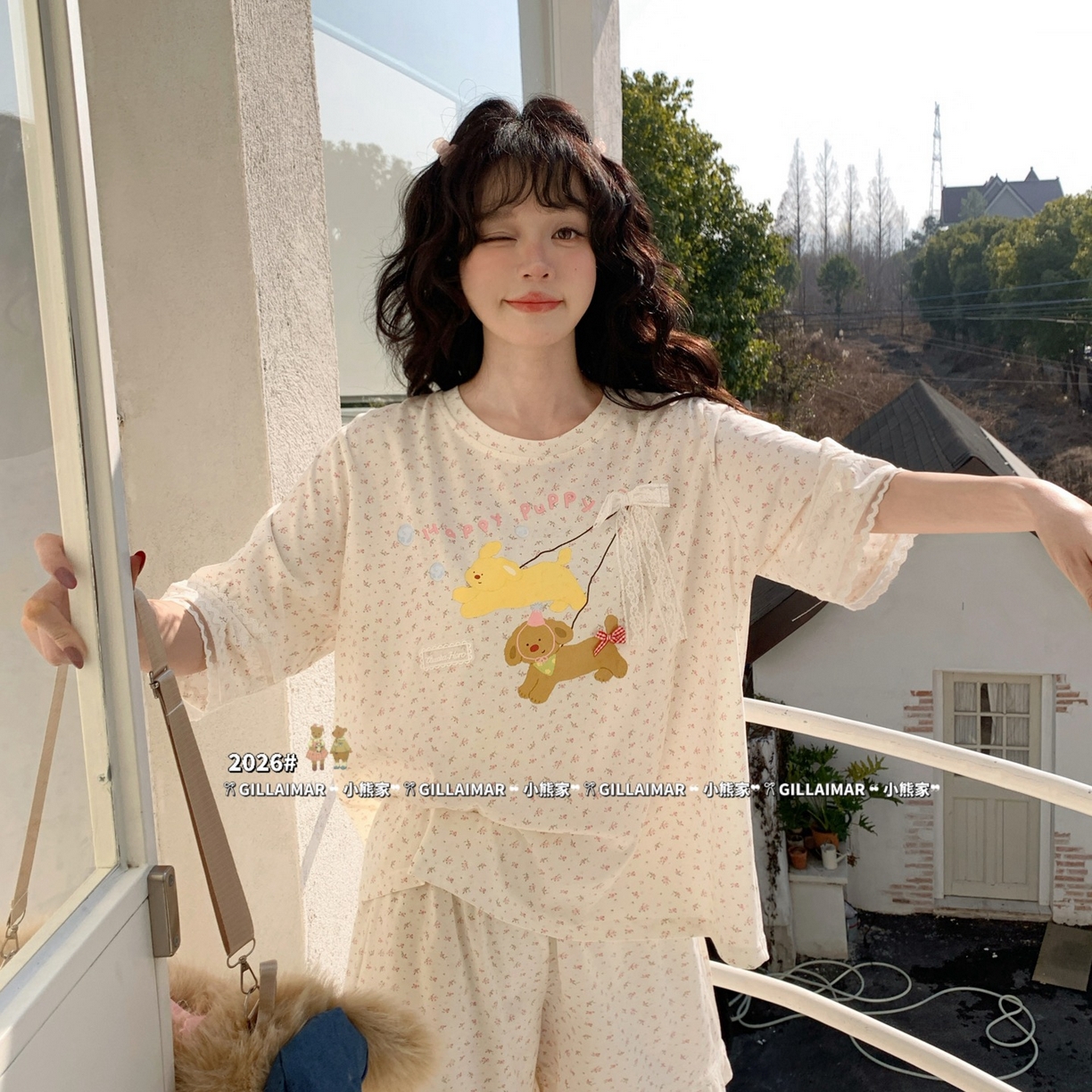 91家纺网 家纺一手货源 找家纺 妍景家居生活馆 2026新款莱赛尔冰丝棉小熊家-短裤散步吧家居服 短裤散步吧-浅黄