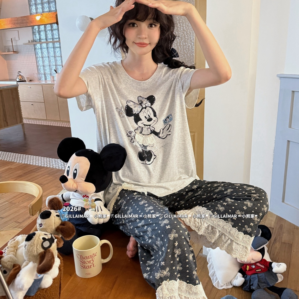 91家纺网 家纺一手货源 找家纺 （总）妍景家居生活馆 2026新款莱赛尔冰丝棉小熊家-蝴蝶结米妮家居服