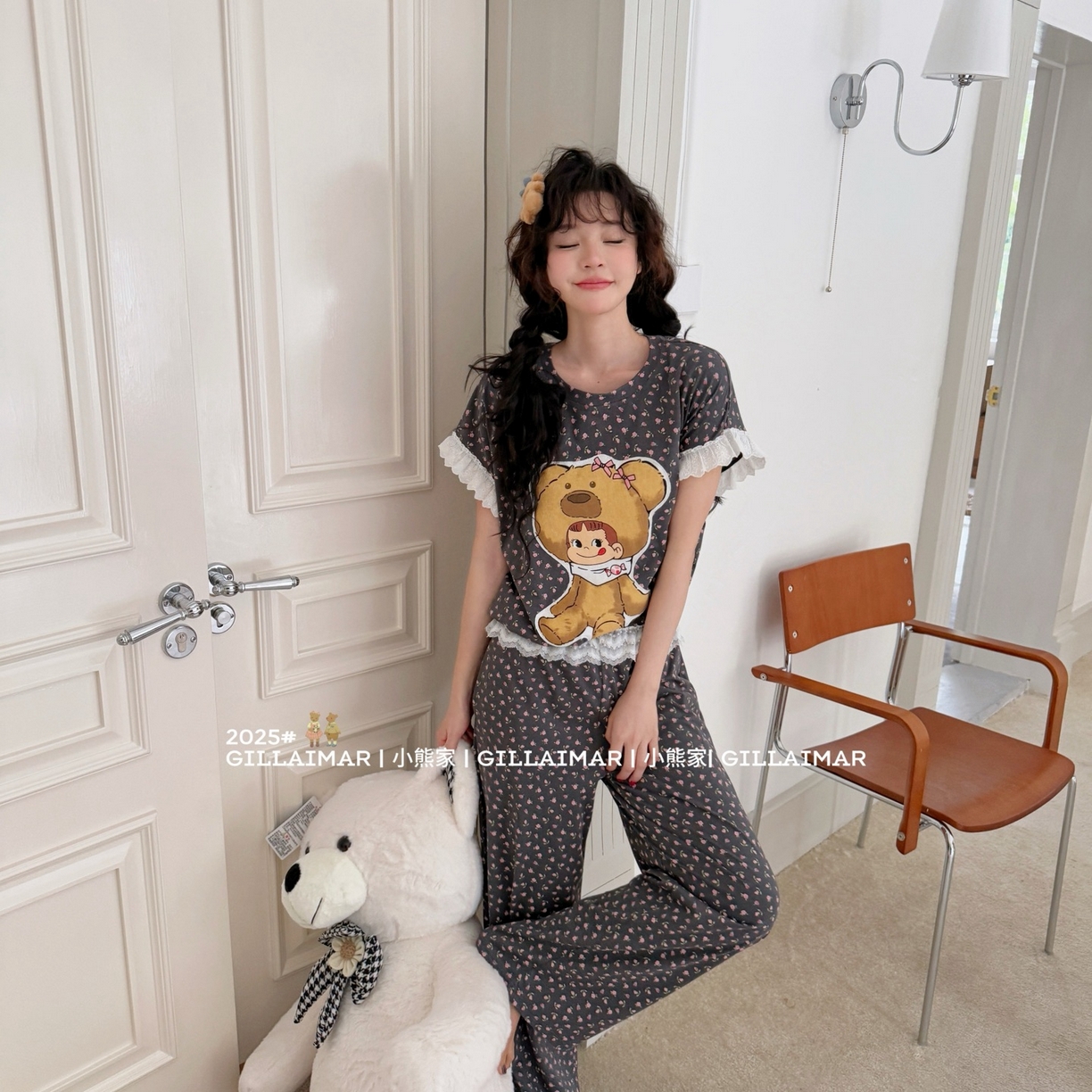 91家纺网 家纺一手货源 找家纺 妍景家居生活馆 2026新款丝光棉小熊家-花花不二熊家居服 花花不二熊-深灰