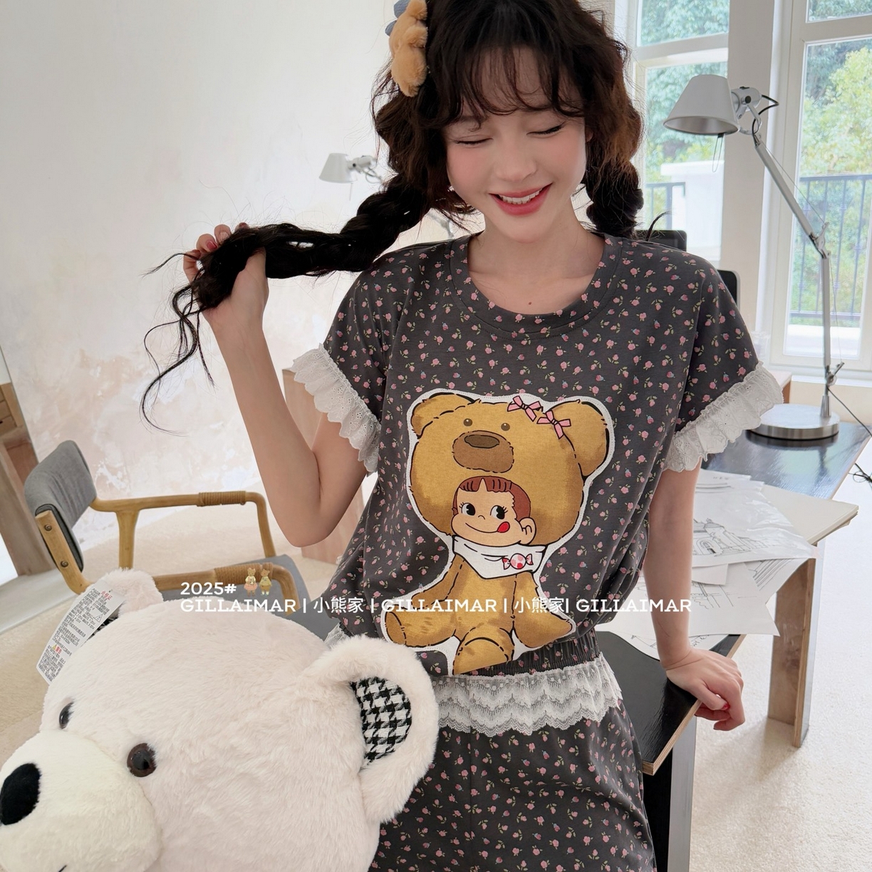 91家纺网 家纺一手货源 找家纺 妍景家居生活馆 2026新款丝光棉小熊家-花花不二熊家居服 花花不二熊-深灰