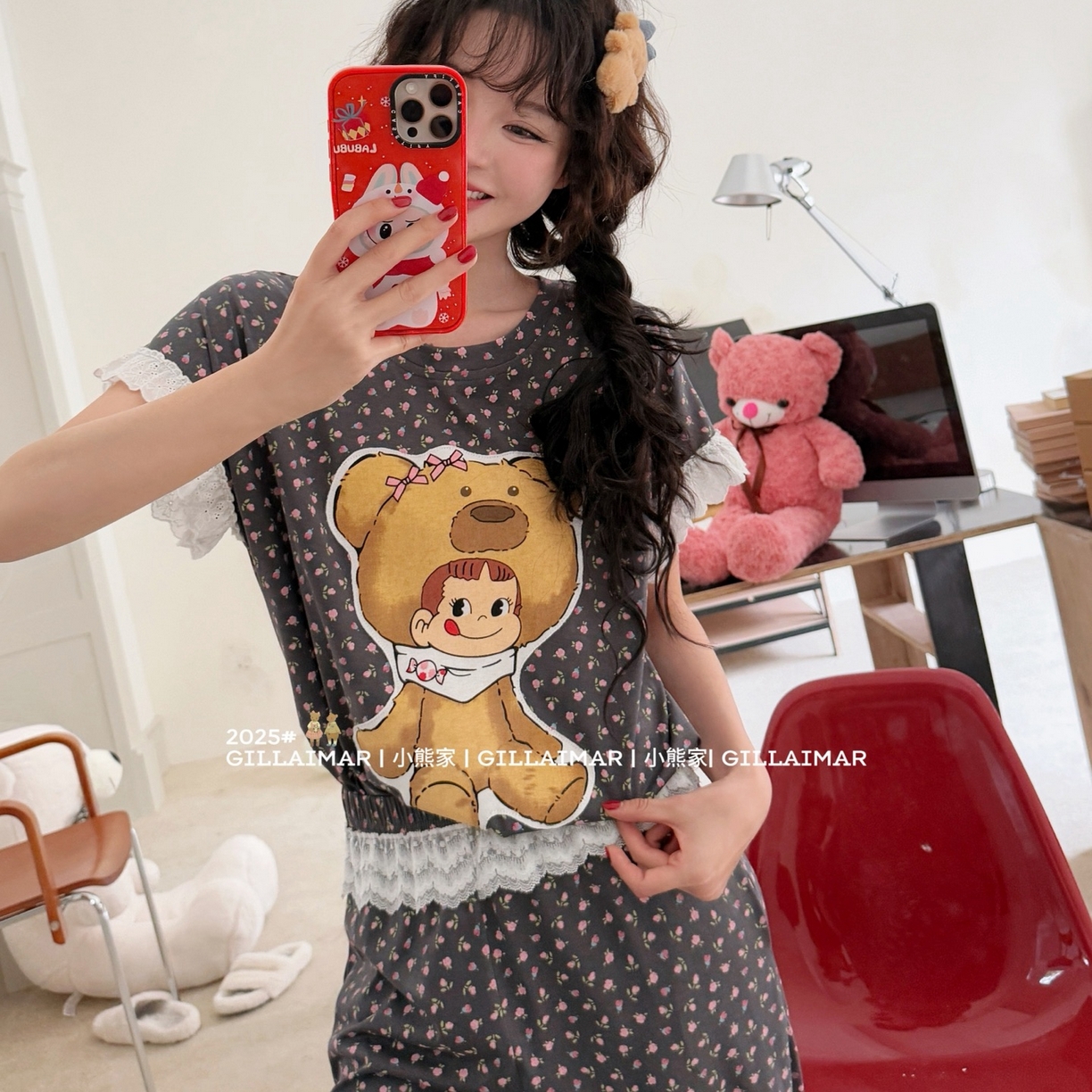 91家纺网 家纺一手货源 找家纺 妍景家居生活馆 2026新款丝光棉小熊家-花花不二熊家居服 花花不二熊-深灰