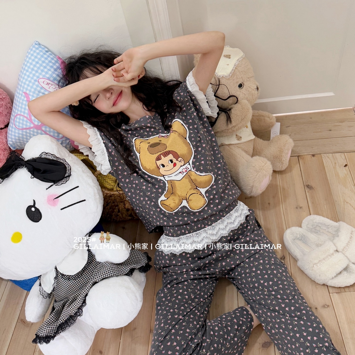 91家纺网 家纺一手货源 找家纺 妍景家居生活馆 2026新款丝光棉小熊家-花花不二熊家居服 花花不二熊-深灰