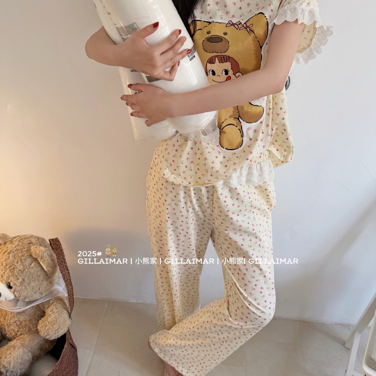 91家纺网 家纺一手货源 找家纺 妍景家居生活馆 2026新款丝光棉小熊家-花花不二熊家居服 花花不二熊-黄色