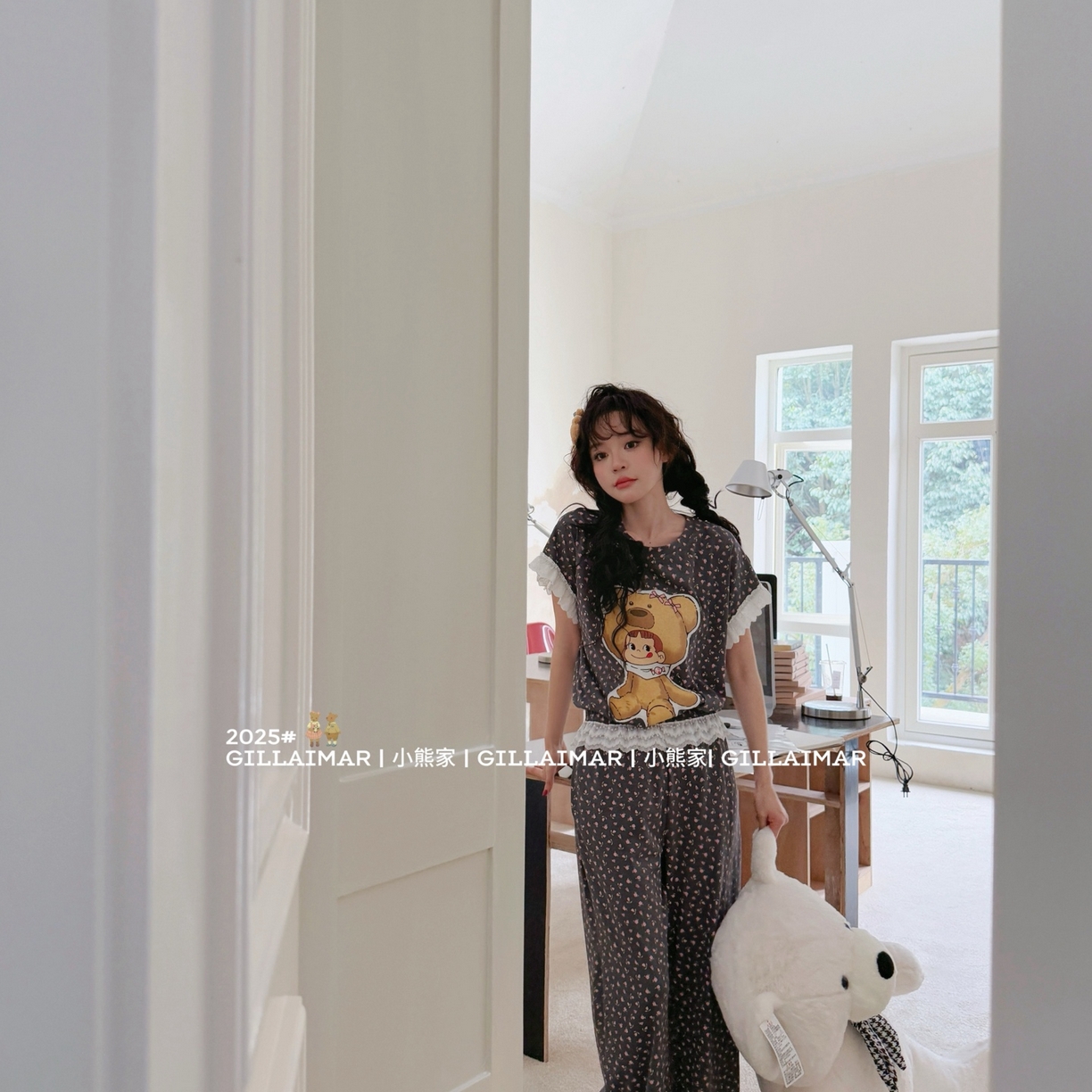 妍景家居生活馆 2026新款丝光棉小熊家-花花不二熊家居服 花花不二熊-深灰