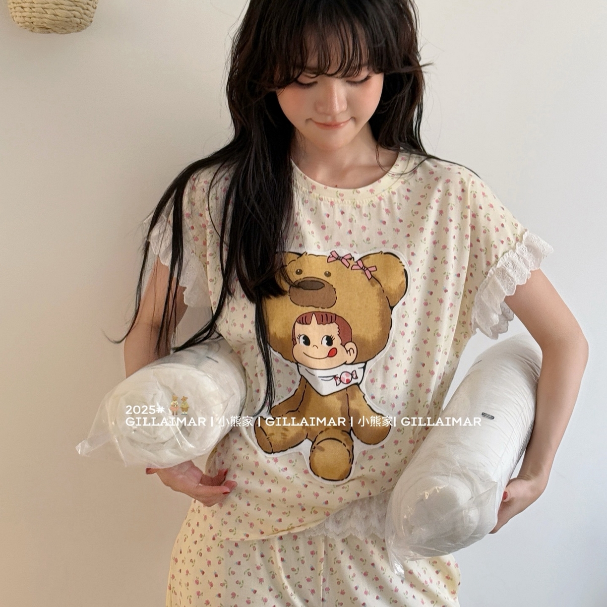 91家纺网 家纺一手货源 找家纺 妍景家居生活馆 2026新款丝光棉小熊家-花花不二熊家居服 花花不二熊-黄色