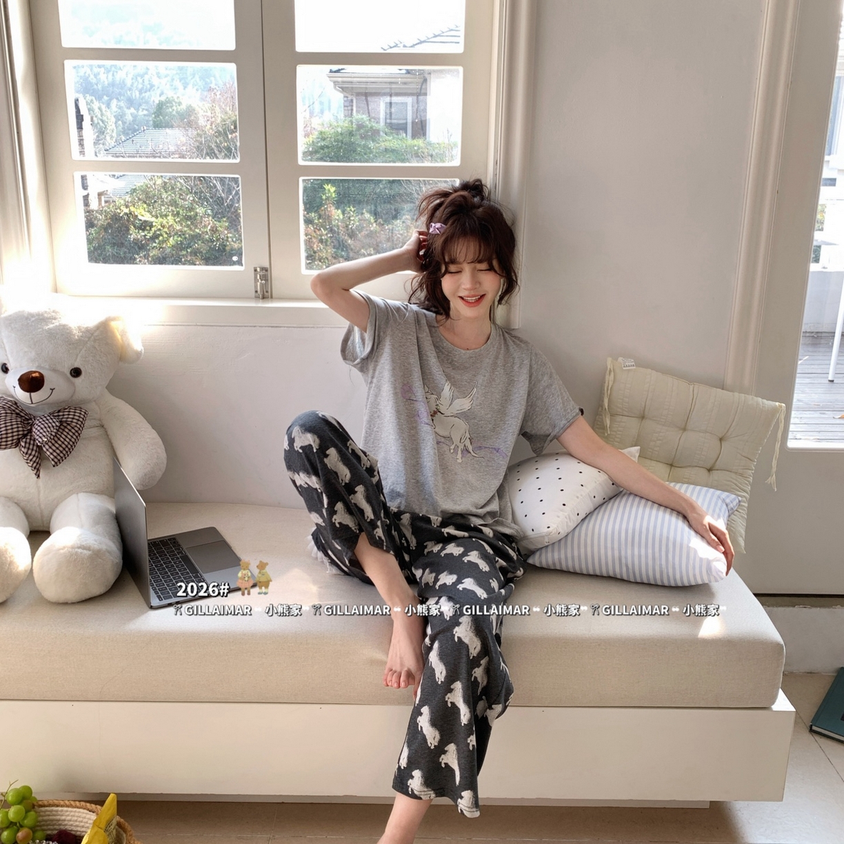 91家纺网 家纺一手货源 找家纺 妍景家居生活馆 2026新款莱赛尔冰丝棉小熊家-马卡龙家居服 马卡龙-深灰
