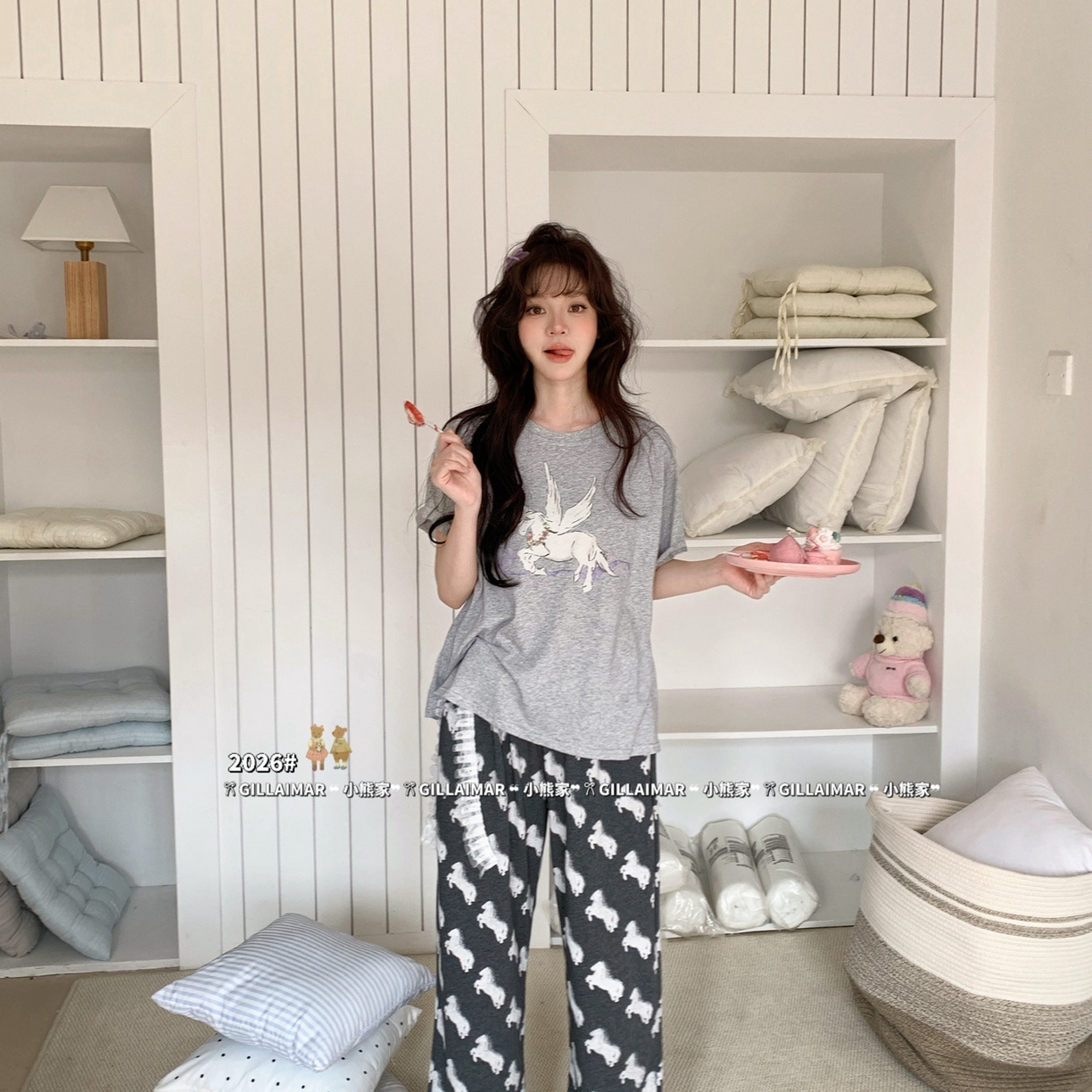 妍景家居生活馆 2026新款莱赛尔冰丝棉小熊家-马卡龙家居服 马卡龙-深灰