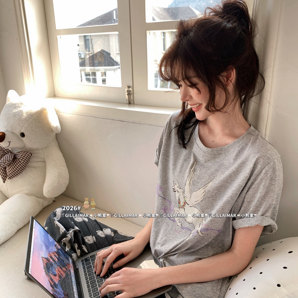 91家纺网 家纺一手货源 找家纺 妍景家居生活馆 2026新款莱赛尔冰丝棉小熊家-马卡龙家居服 马卡龙-深灰