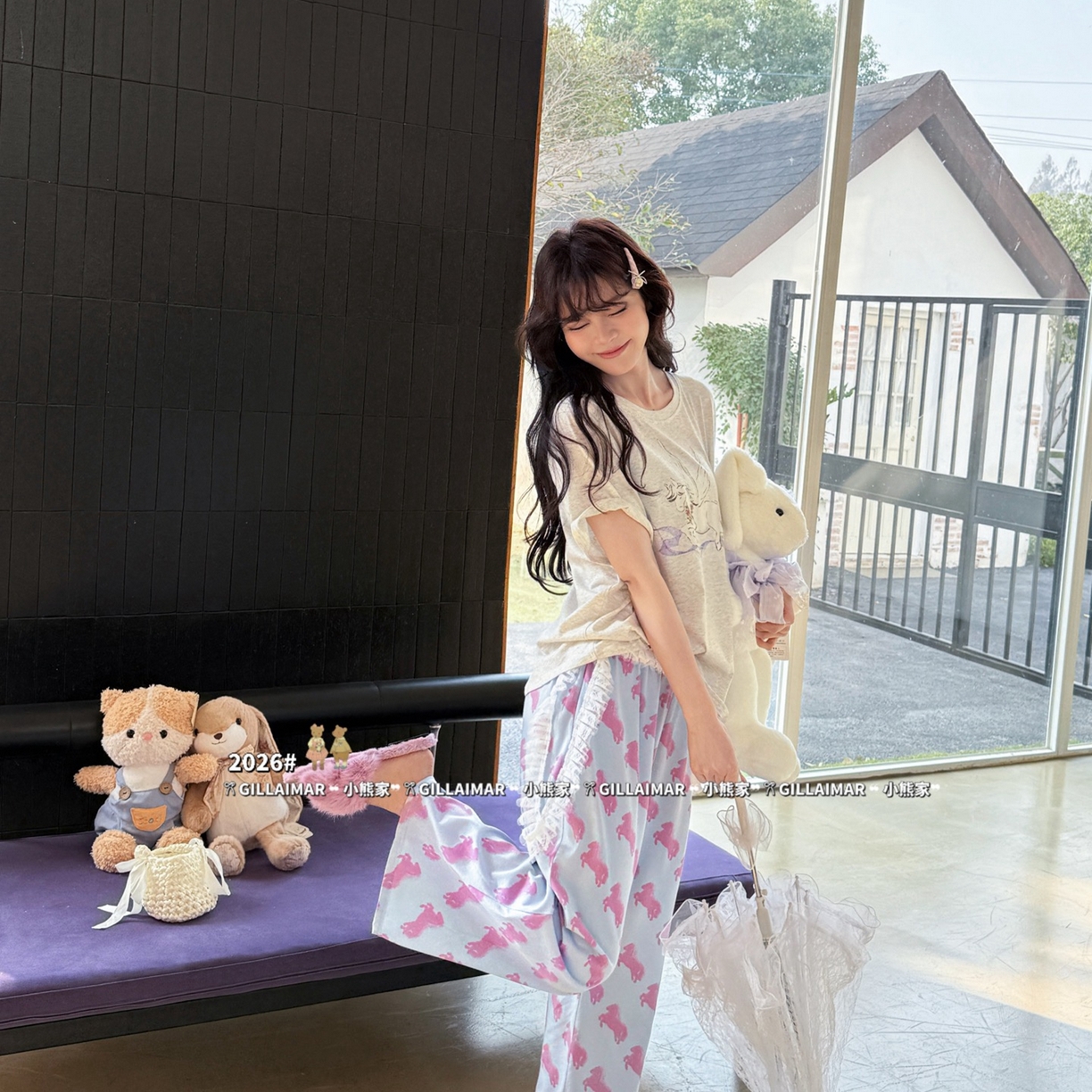 91家纺网 家纺一手货源 找家纺 妍景家居生活馆 2026新款莱赛尔冰丝棉小熊家-马卡龙家居服 马卡龙-紫色