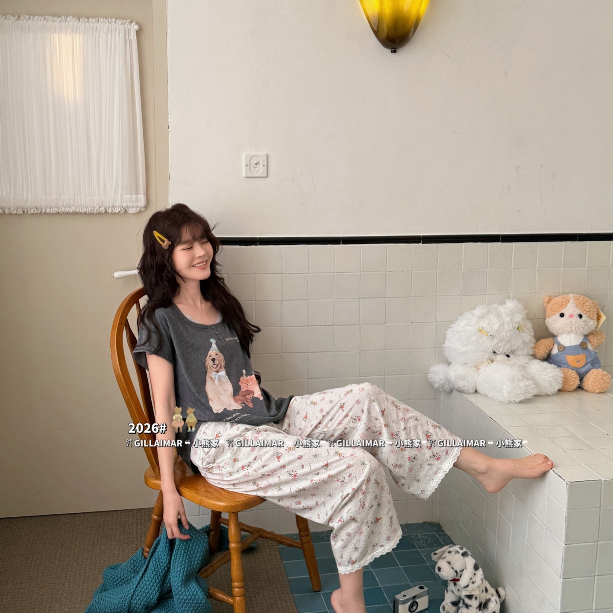 91家纺网 家纺一手货源 找家纺 妍景家居生活馆 2026新款莱赛尔冰丝棉小熊家-派对继续家居服 小熊派对-深灰