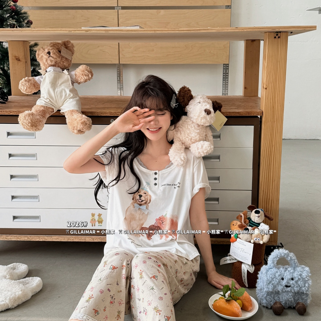 91家纺网 家纺一手货源 找家纺 妍景家居生活馆 2026新款莱赛尔冰丝棉小熊家-派对继续家居服 小熊派对-白色