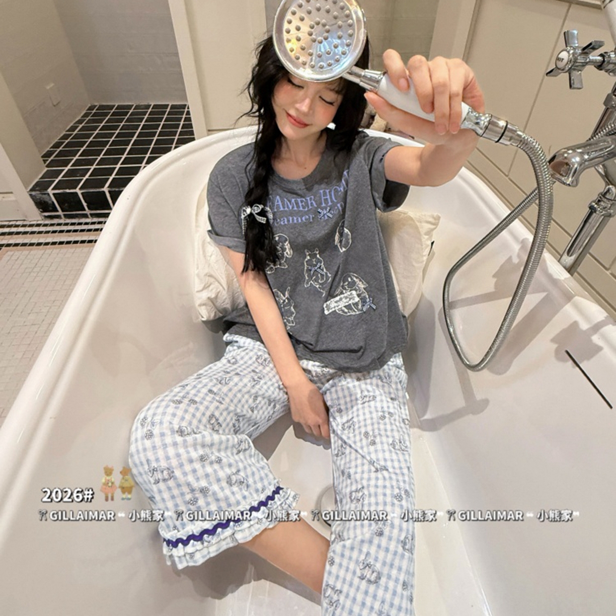 91家纺网 家纺一手货源 找家纺 （总）妍景家居生活馆 2026新款莱赛尔冰丝棉小熊家-田园兔子深灰家居服