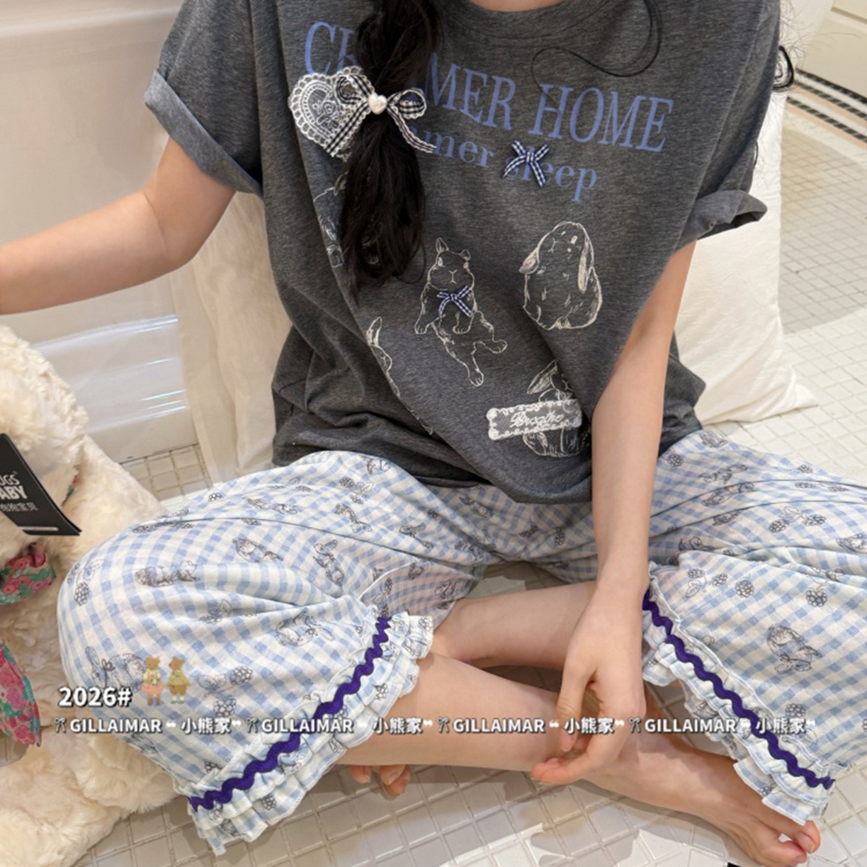 91家纺网 家纺一手货源 找家纺 （总）妍景家居生活馆 2026新款莱赛尔冰丝棉小熊家-田园兔子深灰家居服