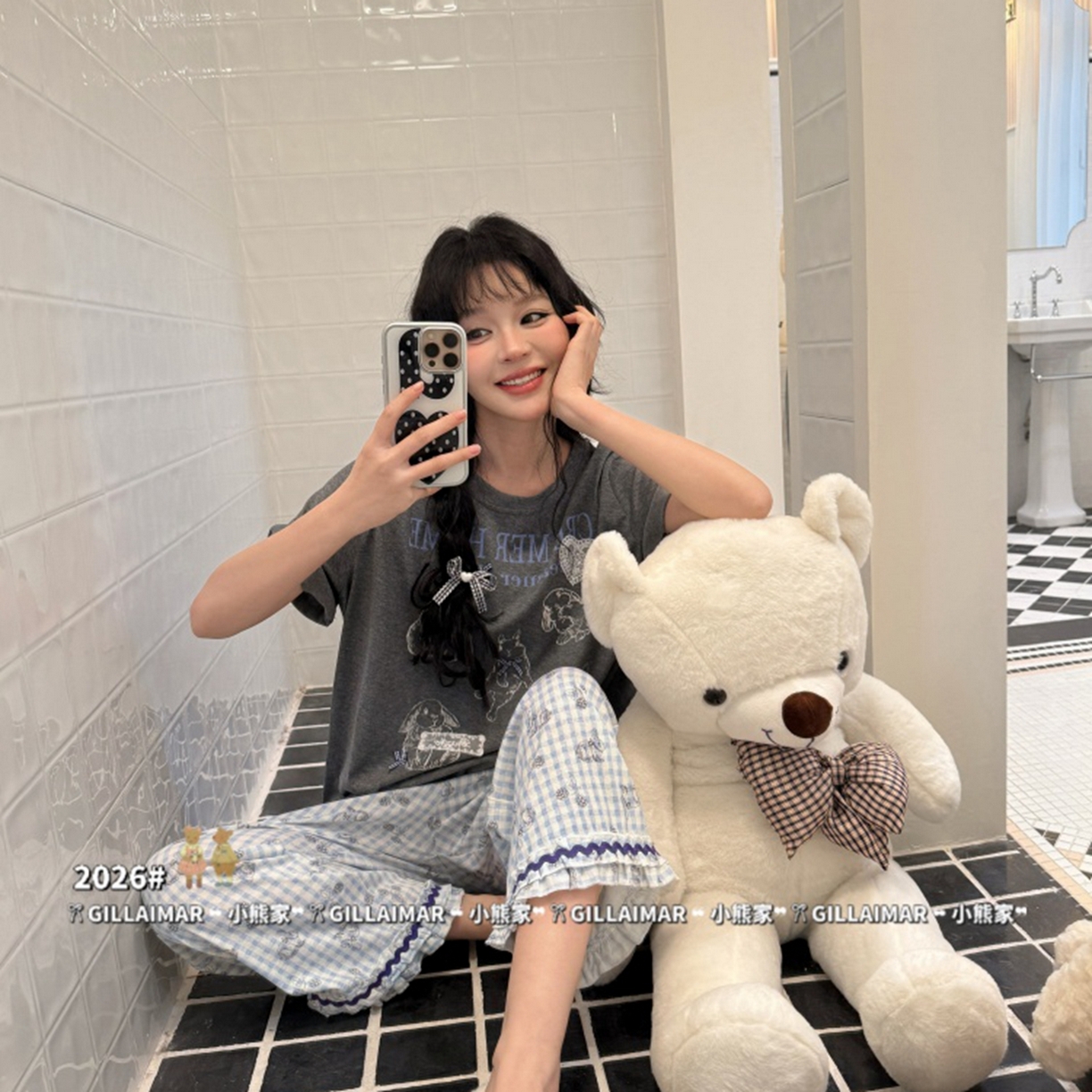 91家纺网 家纺一手货源 找家纺 妍景家居生活馆 2026新款莱赛尔冰丝棉小熊家-田园兔子深灰家居服 田园兔子-深灰