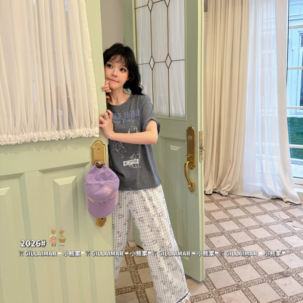 91家纺网 家纺一手货源 找家纺 妍景家居生活馆 2026新款莱赛尔冰丝棉小熊家-田园兔子深灰家居服 田园兔子-深灰