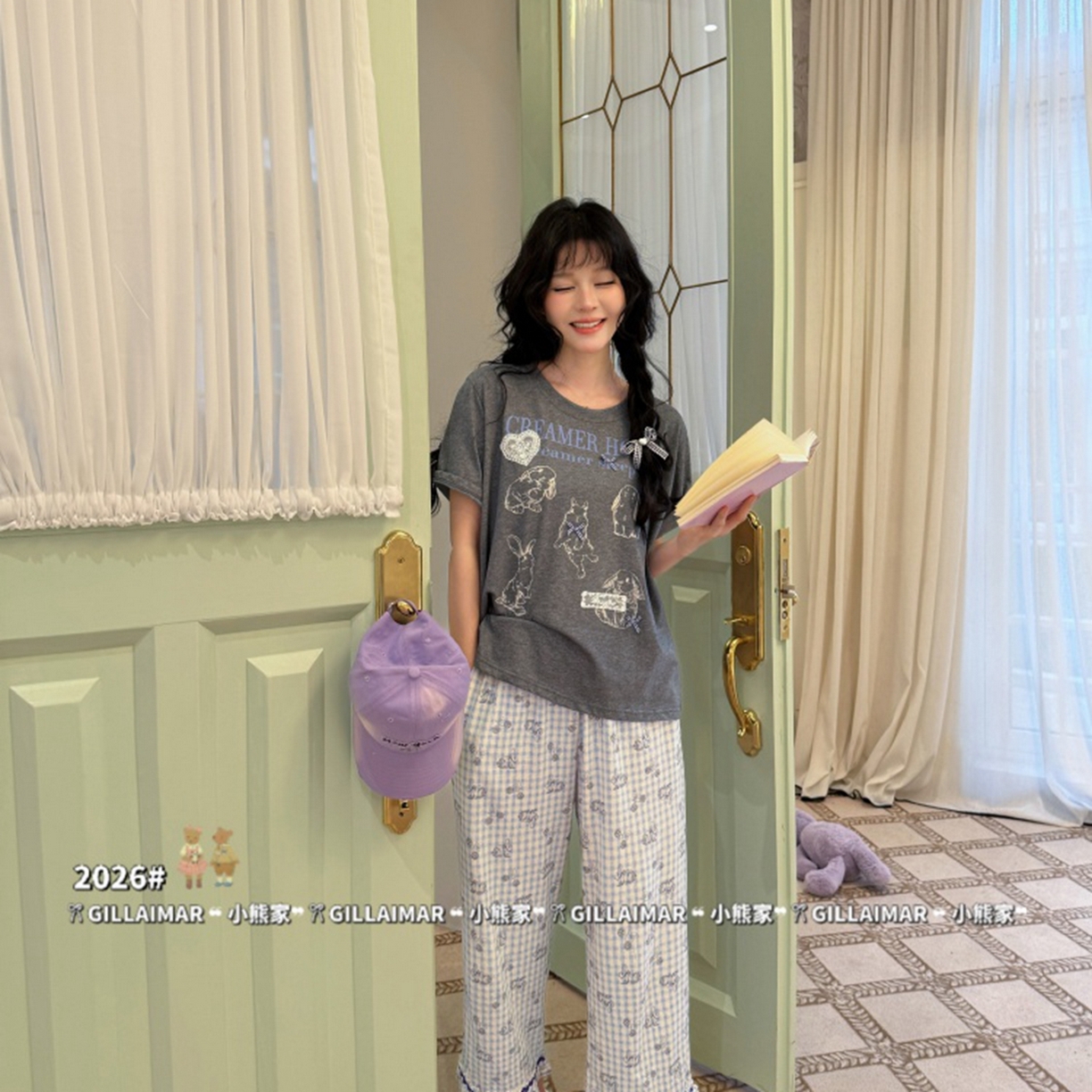 91家纺网 家纺一手货源 找家纺 妍景家居生活馆 2026新款莱赛尔冰丝棉小熊家-田园兔子深灰家居服 田园兔子-深灰