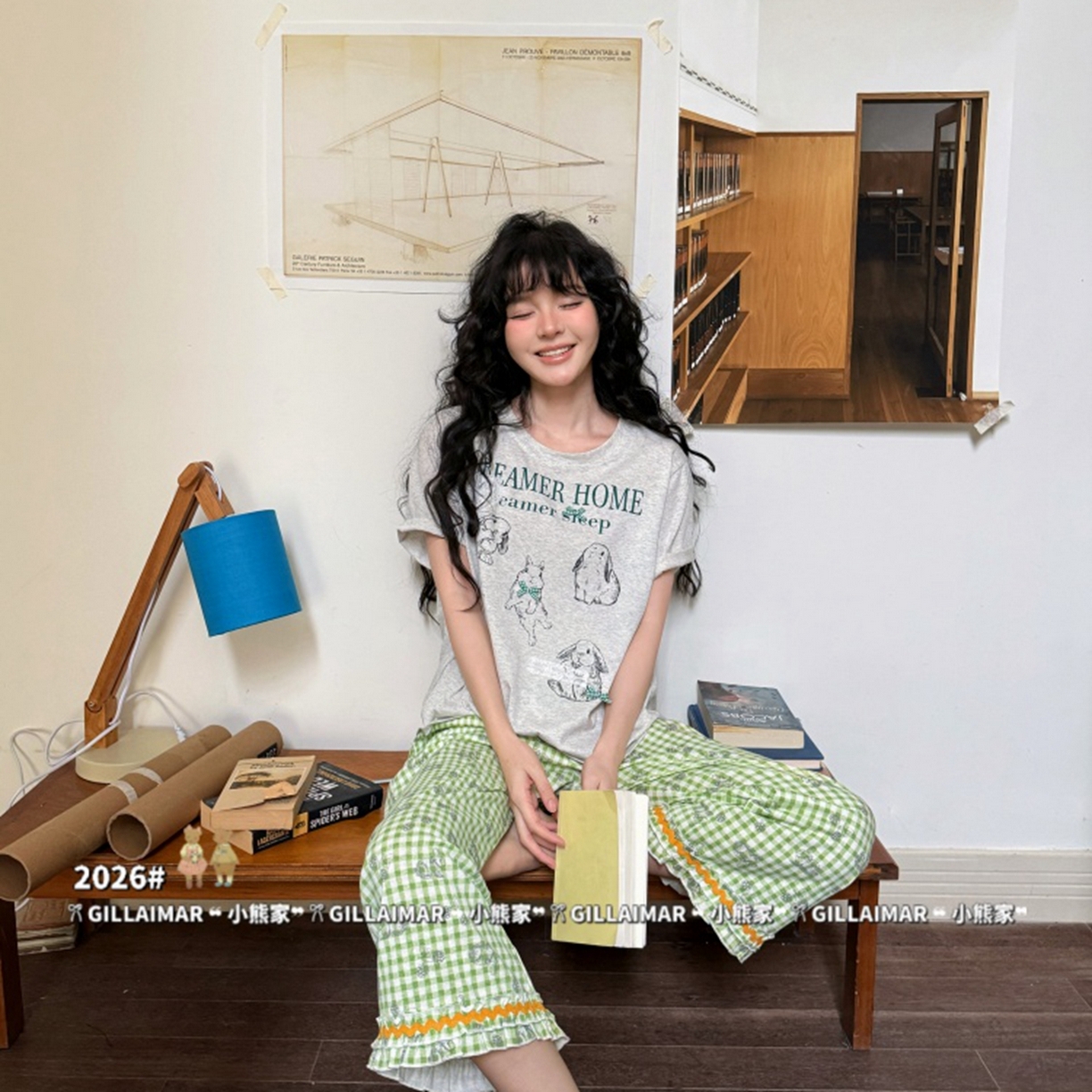 91家纺网 家纺一手货源 找家纺 妍景家居生活馆 2026新款莱赛尔冰丝棉小熊家-田园兔子深灰家居服 田园兔子-浅灰