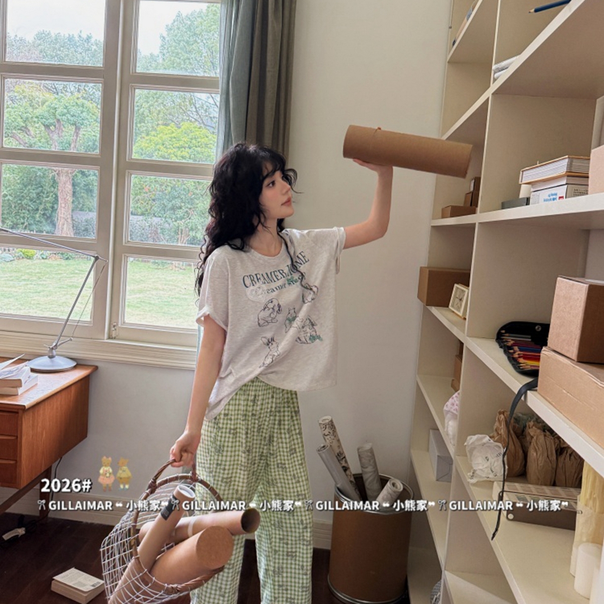 91家纺网 家纺一手货源 找家纺 妍景家居生活馆 2026新款莱赛尔冰丝棉小熊家-田园兔子深灰家居服 田园兔子-浅灰