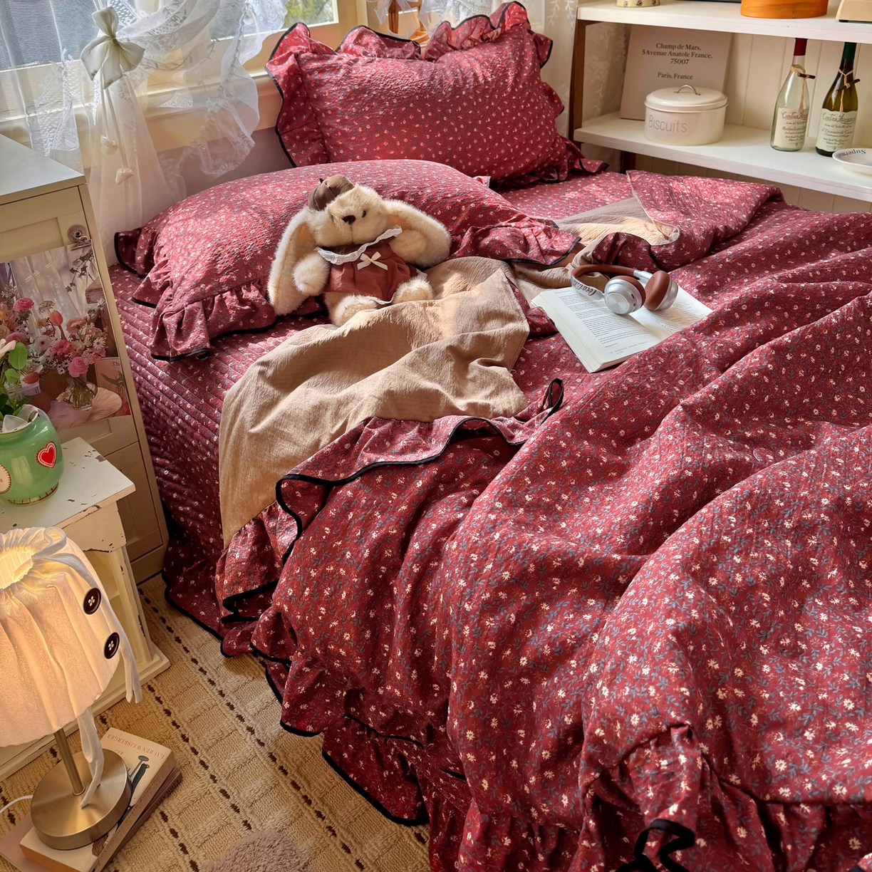 91家纺网 家纺一手货源 找家纺 阿曼达 2026新款印花小碎花花边夏被床盖四件套单夏被单床盖 浆果藤