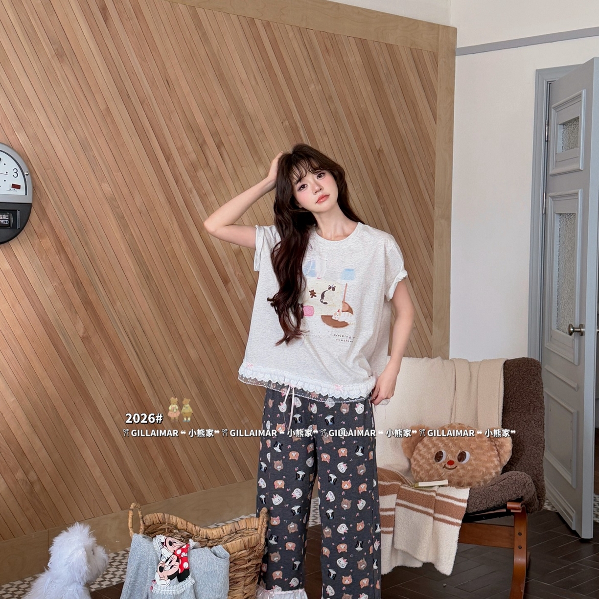 91家纺网 家纺一手货源 找家纺 （总）妍景家居生活馆 2026新款莱赛尔冰丝棉小熊家-无忧小猫家居服
