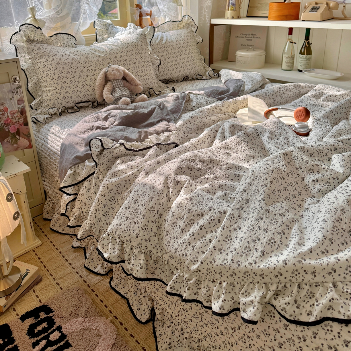 91家纺网 家纺一手货源 找家纺 阿曼达 2026新款印花小碎花花边夏被床盖四件套单夏被单床盖 松月间