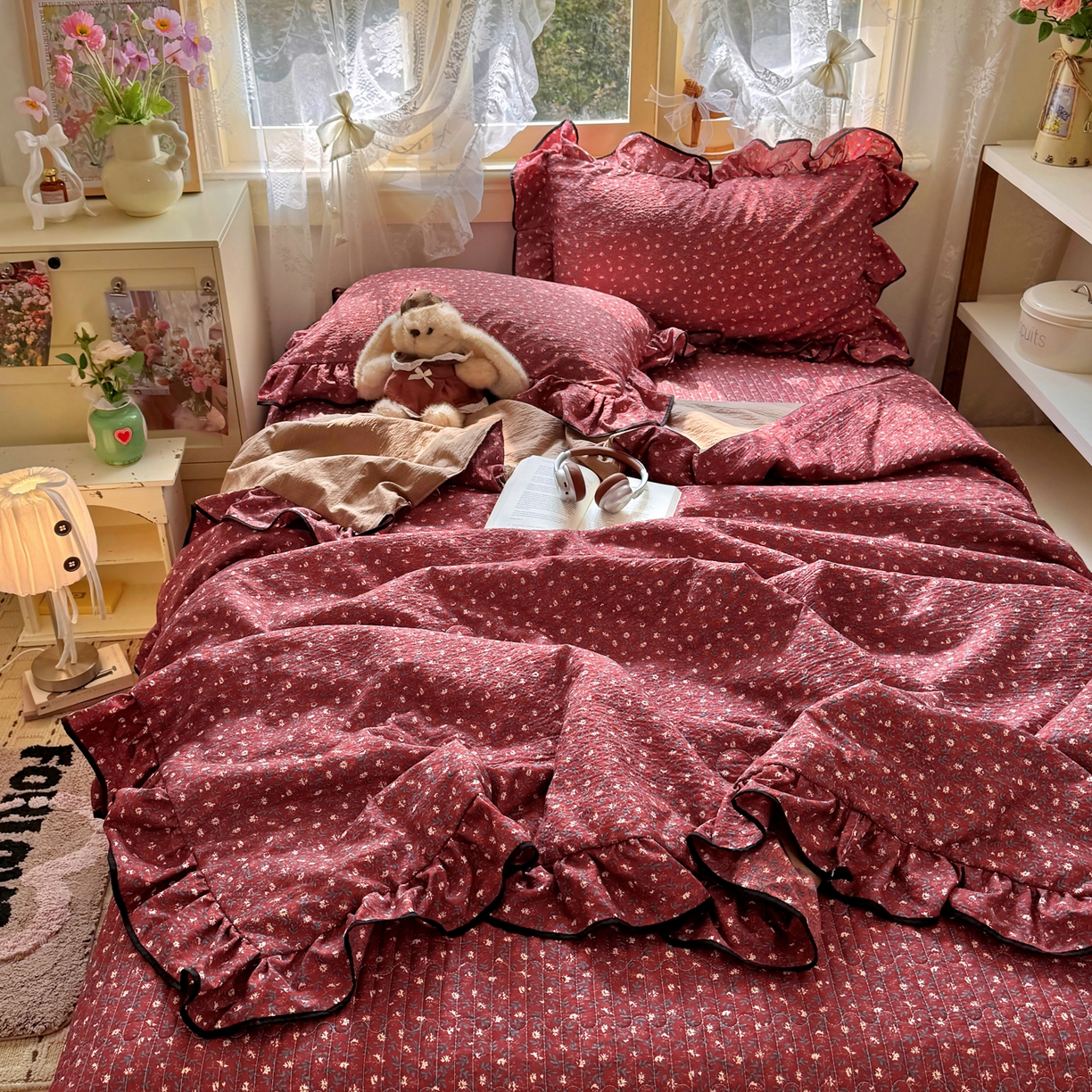 91家纺网 家纺一手货源 找家纺 阿曼达 2026新款印花小碎花花边夏被床盖四件套单夏被单床盖 浆果藤