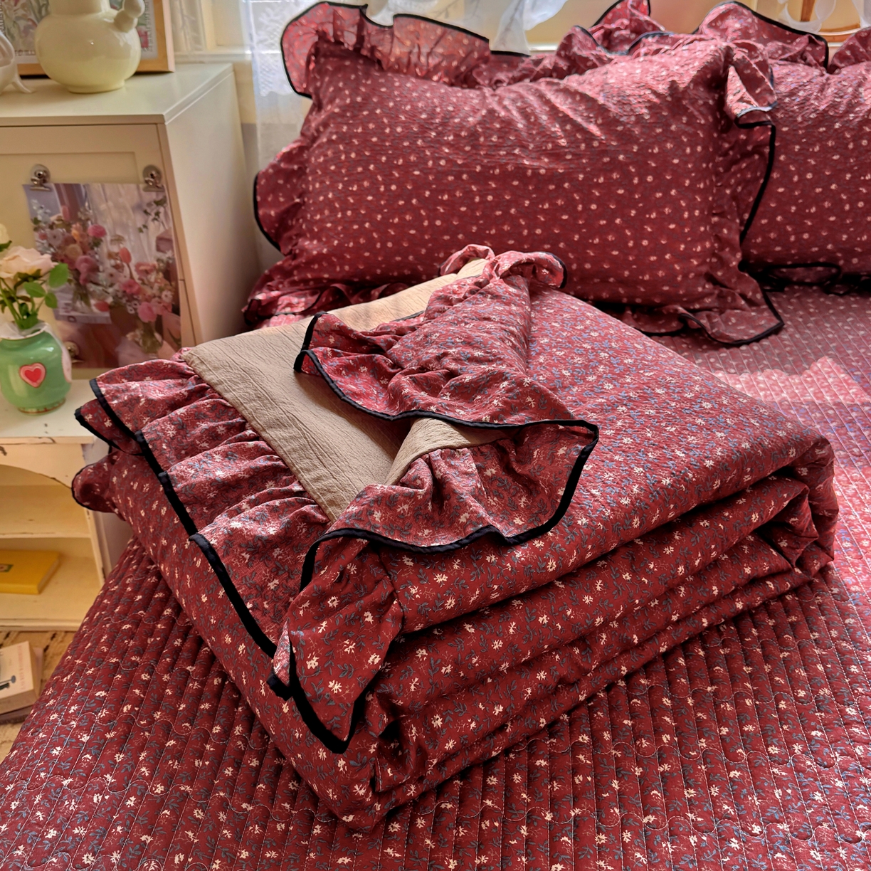 阿曼达 2026新款印花小碎花花边夏被床盖四件套单夏被单床盖 浆果藤