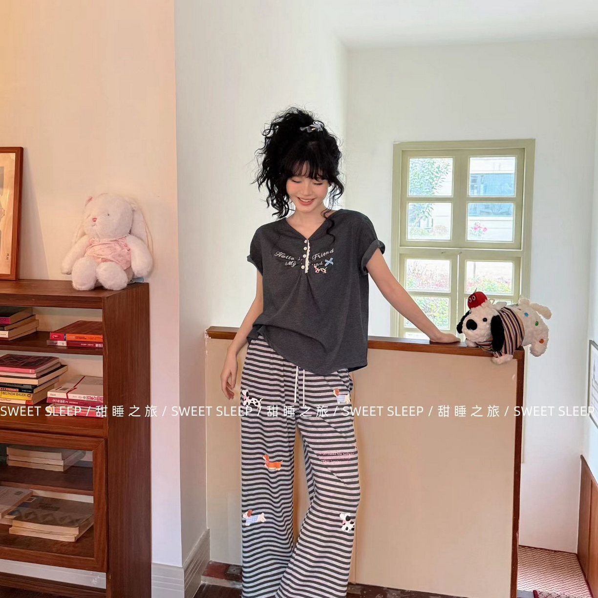 91家纺网 家纺一手货源 找家纺 （总）妍景家居生活馆 2026新款莱赛尔冰丝棉小熊家-小腊肠家居服