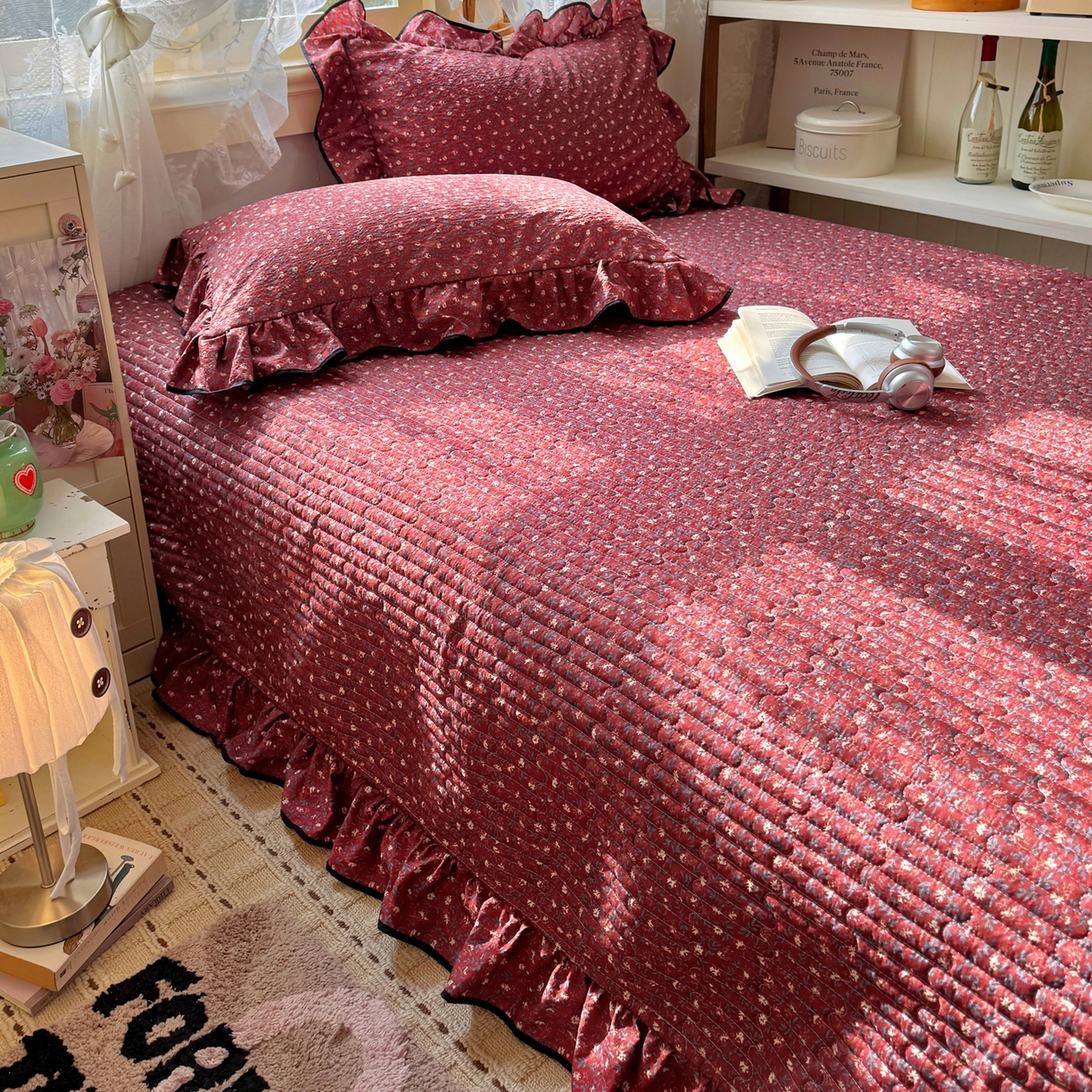 91家纺网 家纺一手货源 找家纺 阿曼达 2026新款印花小碎花花边夏被床盖四件套单夏被单床盖 浆果藤