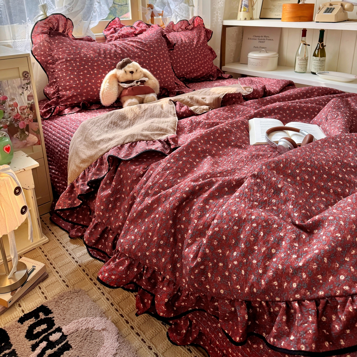 91家纺网 家纺一手货源 找家纺 阿曼达 2026新款印花小碎花花边夏被床盖四件套单夏被单床盖 浆果藤